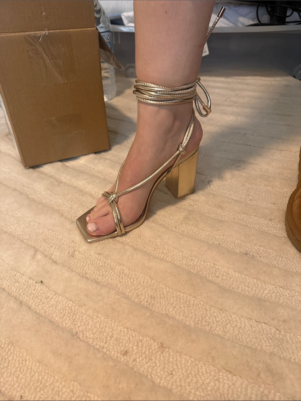 Gold Strappy Block Heel Sandals with Ankle Wrap